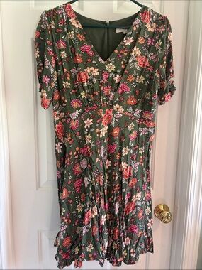 LOFT Olive Green Floral V-Neck Midi Dress